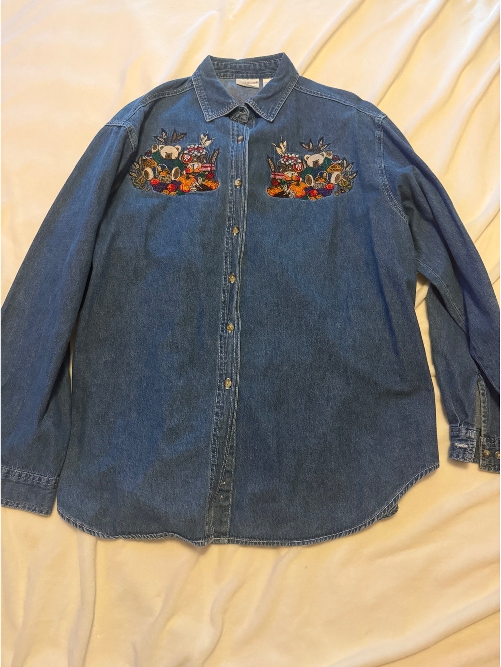 Vintage Bobbie Brooks Ladies XL Denim Shirt with Embroidered Fall Harvest Design